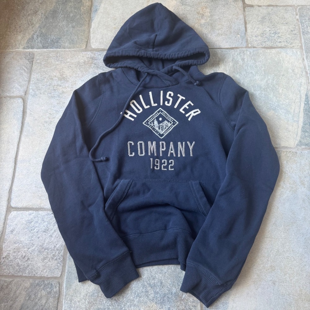 Y2K Hollister Navy Hoodie Sz Small Silver Logo Cross Neck 2000s Surf Style
